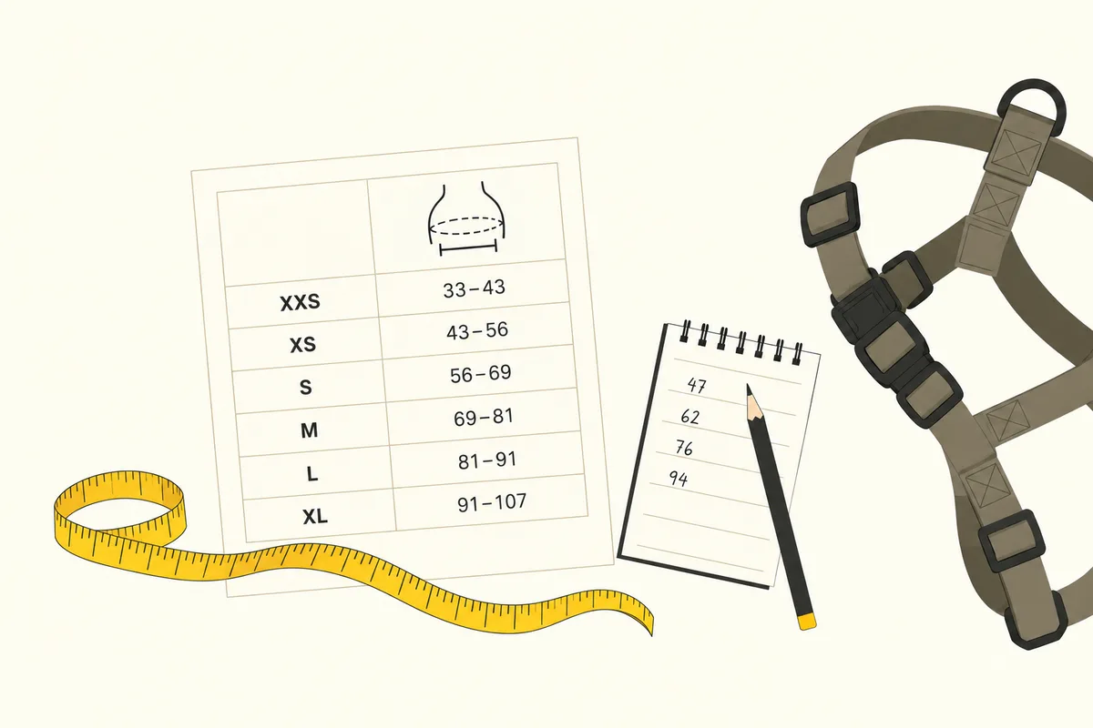 Illustration: a printed harness size chart listing Ruffwear's chest ranges, XXS 33–43 cm to XL 91–107 cm, with a tailor's tape measure, a notebook of measurements and a harness.